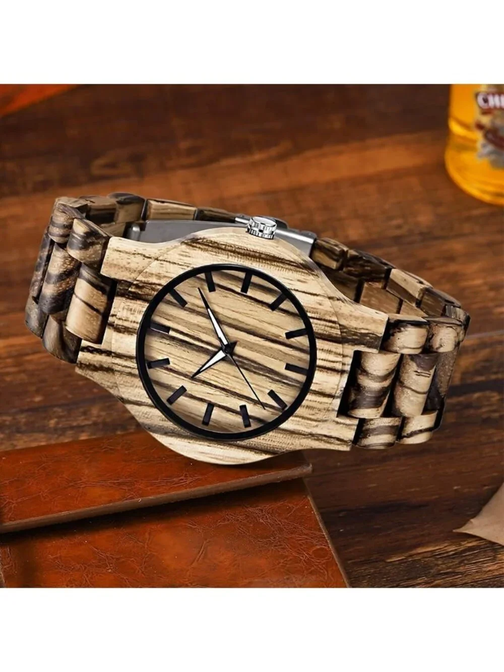 Men's Light Brown 100% Manual Retro Wrist Analog Quartz Handmade Wooden Watch